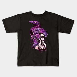 Raven and La catrina, calavera, Lady skull, sugar skull, dark, skeletons lovers, cool skulls, bones, gothic floral lady Kids T-Shirt